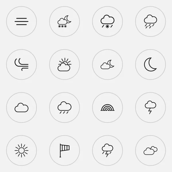 Погодные иконки в стиле линии с бризом, осадками, ветром и другими элементами дождя. Изолированные векторные иконки погоды. — стоковый вектор