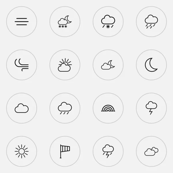Icone meteo in stile linea con brezza, pioggia, vento e altri elementi di pioggia. Isolato vettoriale illustrazione icone meteo. — Vettoriale Stock