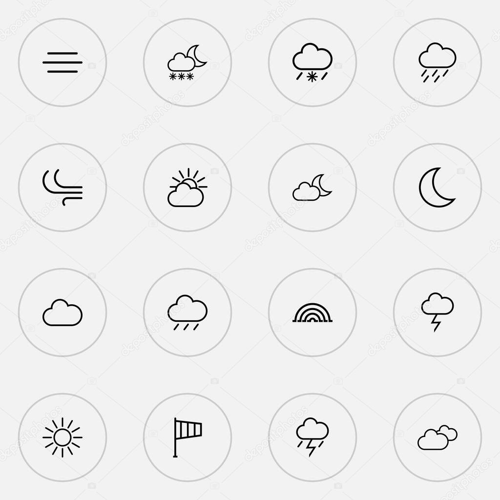 Weather icons line style set with breeze, rainfall, wind and other rain elements. Isolated vector illustration weather icons.