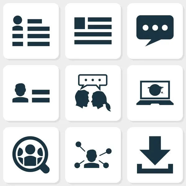 Sociale pictogrammen ingesteld met download, sociale pagina, vragenlijst en andere conversatie-elementen. Afzonderlijke illustratie sociale iconen. — Stockfoto
