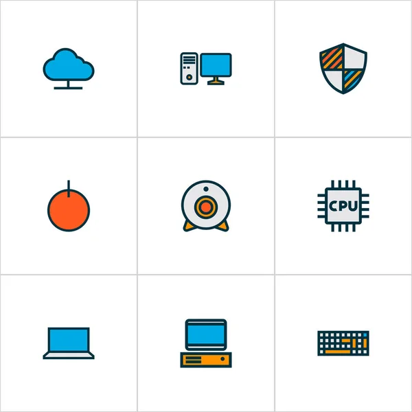 Computersymbole farbige Linie mit Startknopf, Computertastatur, Online-Cloud und anderen tragbaren Computerelementen. Isolierte Computersymbole zur Illustration. — Stockfoto