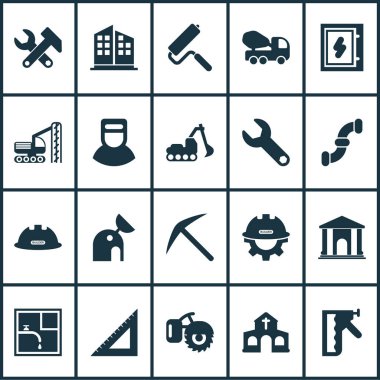 İnşaat simgeleri anahtar, beton karıştırıcı, elektrik kartı ve diğer üçgen cetvel elementleriyle ayarlandı. İzole vektör illüstrasyon yapı simgeleri.