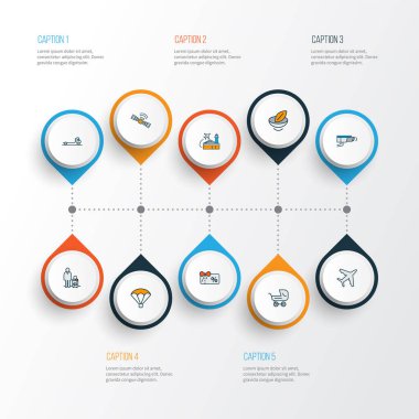 Video kontrol, paraşüt, bebek arabası ve diğer havayolu terminalleri ile seyahat simgeleri renkli hat seti. İzole vektör çizimi seyahat simgeleri.