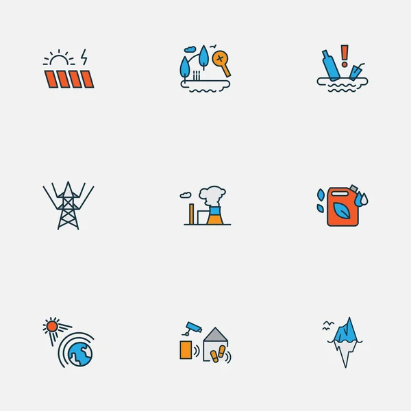 Iconos de ecología línea de colores con hogar inteligente, energía atómica, iceberg y otros elementos de latas de gasolina. Iconos de ecología de ilustración vectorial aislada. — Archivo Imágenes Vectoriales