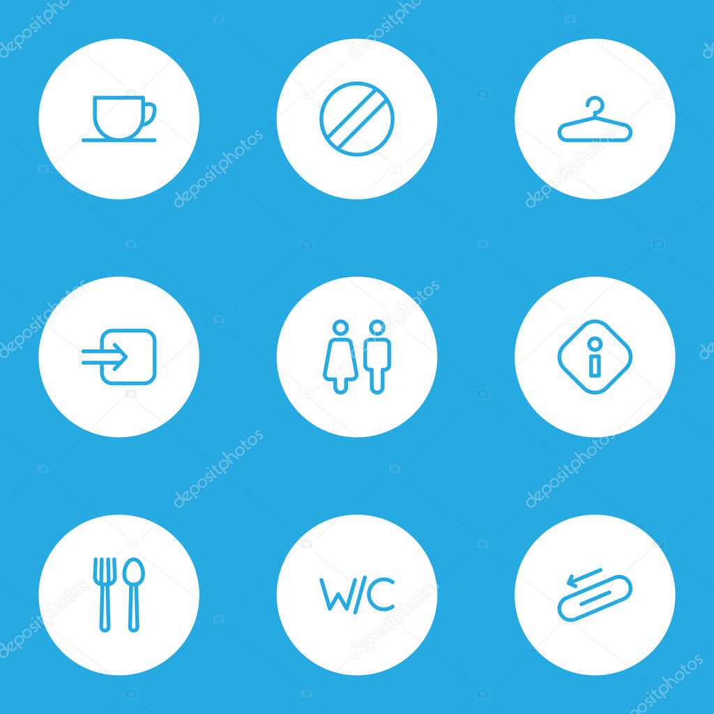 Information icons line style set with toilet, tea cup, wc and other staircase elements. Isolated vector illustration information icons.