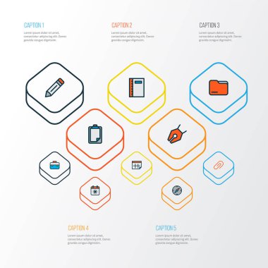 Durağan simgeler pusula, kalem, takvim ve diğer anket elemanları ile renklendirilmiş satır. İzole resimleme durağan simgeleri.
