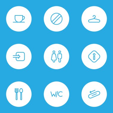 Tuvalet, çay fincanı, wc ve diğer merdiven elementleriyle halka açık ikonlar. İzole edilmiş illüstrasyon simgeleri.