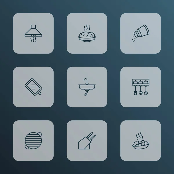 Culinaire iconen lijn stijl set met spoelbak, messenhouder, keukengerei houder en andere voedingselementen. Geïsoleerde illustratie culinaire iconen. — Stockfoto