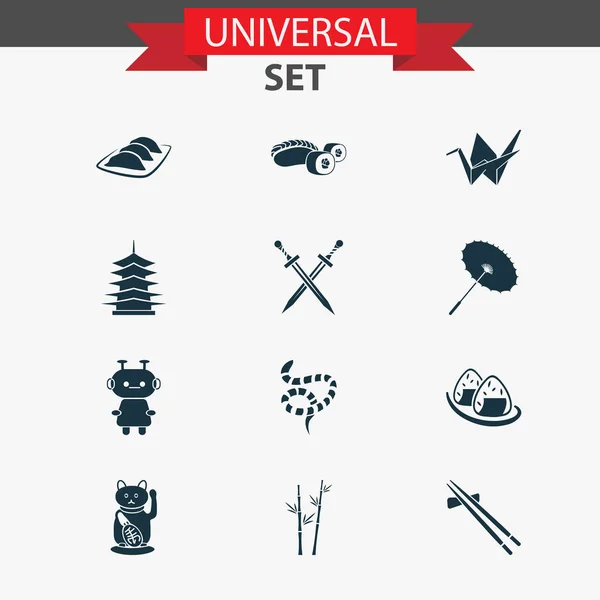 Kulturní ikony s onigiri, sushi, origami a dalšími japonskými prvky role. Izolované ikony kultury ilustrací. — Stock fotografie