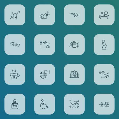 Kahve, çoklu şehirler, spor ekipmanları ve diğer koruyucu bagaj unsurlarıyla seyahat simgeleri dizisi. İzole edilmiş çizim seyahat simgeleri.