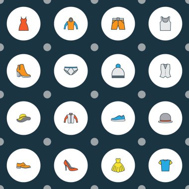 Çizme, kapüşon, önlük ve diğer ceket unsurlarıyla renklendirilmiş kıyafet simgeleri. İzole edilmiş illüstrasyon elbise simgeleri.