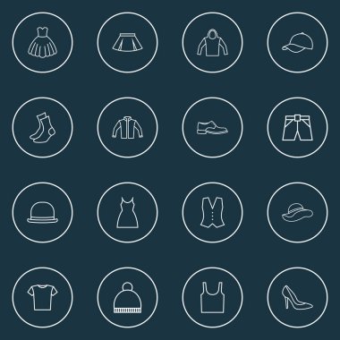 Panama, bere, tişört ve diğer eşofman altı elementleriyle giysi ikonu tarzı. İzole edilmiş illüstrasyon kıyafet simgeleri.