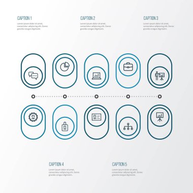 İş simgeleri çizgisi tarzı bavul, insan, lider ve diğer konuşma unsurlarını sunar. İzole edilmiş illüstrasyon iş simgeleri.