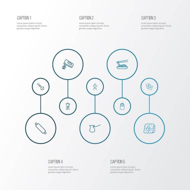 Barbekü, el karıştırıcı, blender süt elementleriyle birlikte gastronomi simgeleri çizimi. İzole vektör çizimi gastronomi simgeleri.