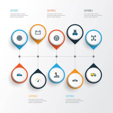 Otomatik simgeler pil, dişli, çapraz ve diğer hız elementleriyle renklendirildi. İzole vektör illüstrasyon otomatik simgeleri.