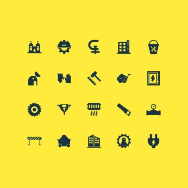 Yüksek binalar, testere, baraj ateşi ve diğer işçi unsurlarıyla endüstri simgeleri oluşturuldu. İzole vektör illüstrasyon sektörü simgeleri.