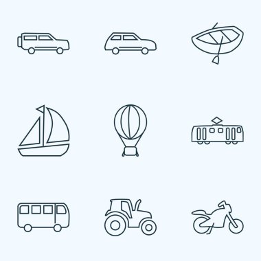 Şehir arabası, otobüs, motosiklet ve diğer sedan unsurlarla taşıma simgeleri dizisi. İzole vektör illüstrasyon taşıma simgeleri.