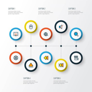 Müzik simgeleri, fırlatma, arama, geri sarma ve diğer kontrol aygıtları ile renklendirilmiş satır. İzole vektör illüstrasyon müzik simgeleri.