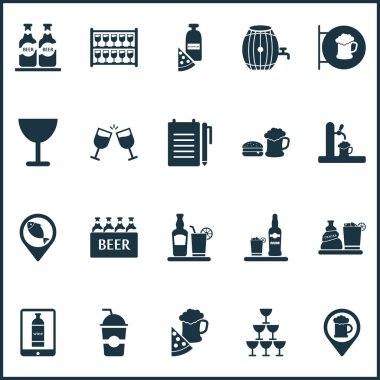 Coğrafi konum belirleme, likör, biralı pizza ve diğer buzlu çaçalı ikonlar. İzole vektör illüstrasyon içecek simgeleri.
