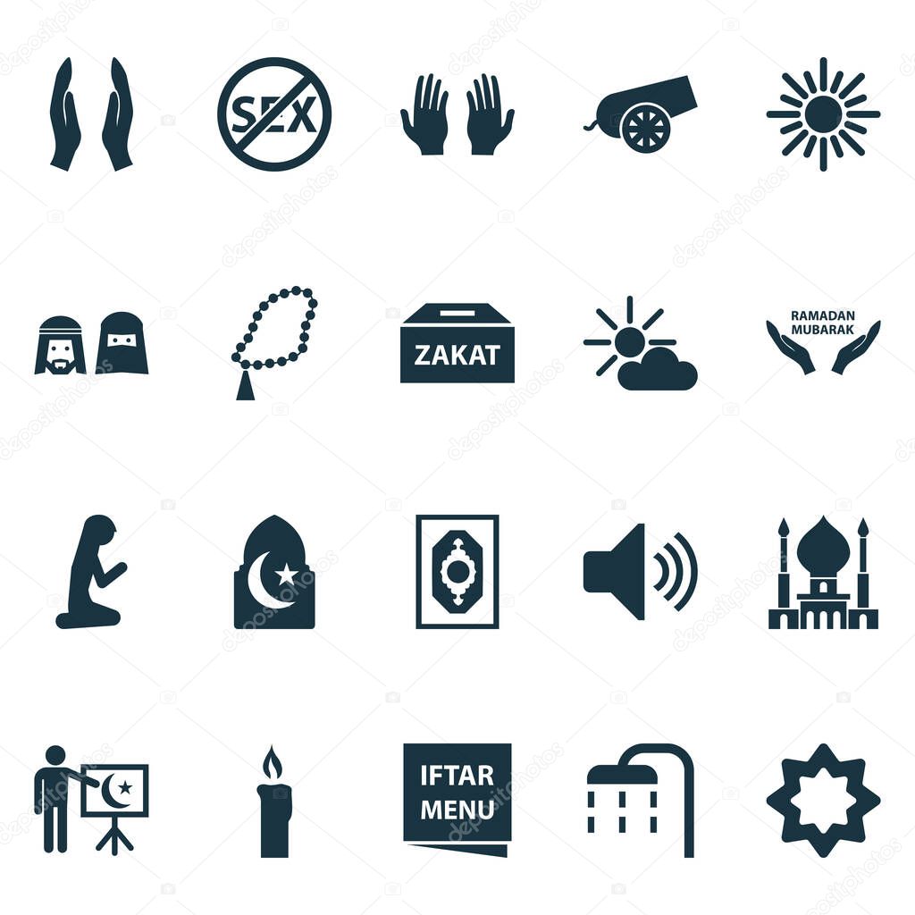 Religion icons set with bomb, asr, rosary and other gods house elements. Isolated vector illustration religion icons.