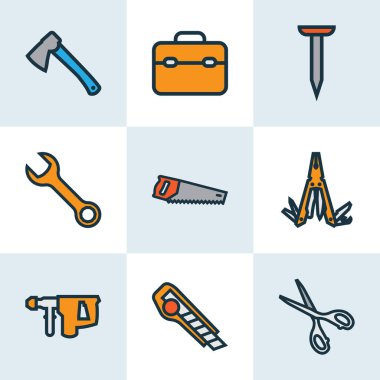 El aletleri simgeleri testere, çivi, baltayla ve diğer cıvata ceviz elementleriyle renklendirildi. İzole vektör illüstrasyon el araçları simgeleri.