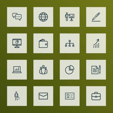 İş simgeleri çizgisi, pasta çubuğu, bavul, insan ve diğer büyüyen grafik elementleriyle ayarlandı. İzole vektör illüstrasyon iş simgeleri.