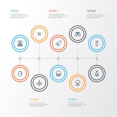 Savaş ikonları tarzı, kafatası, zehir, nükleer patlama ve diğer yakınlaştırma gözlüğü elementleriyle ayarlandı. İzole vektör illüstrasyon savaş simgeleri.