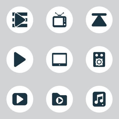 Müzik simgeleri multimedya, tablet, başlangıç ve diğer televizyon unsurlarıyla ayarlandı. İzole vektör illüstrasyon müzik simgeleri.