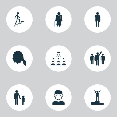 İnsanlar zeki adam, büyükanne, erkek bilim adamı unsurları ile simgeleşir. İzole edilmiş illüstrasyon insanları simgeleri.