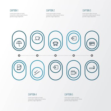 Yön simgeleri, benzin istasyonu, yemek ve diğer asansör elementleriyle ayarlandı. İzole vektör illüstrasyon ikonları.