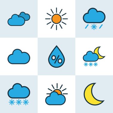 Hava simgeleri bulutlu bir günde, güneş ışığında ve diğer kar elementleriyle renklendirildi. İzole vektör illüstrasyon hava simgeleri.