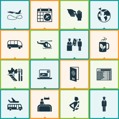 Helikopter, uçuş tarihi, pasaport kontrolü ve diğer kayıt kurulu elemanlarıyla seyahat simgeleri ayarlandı. İzole edilmiş illüstrasyon seyahat simgeleri.