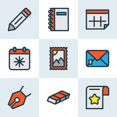 Kırtasiye simgeleri takvim, silgi, kalem ve diğer takvim elemanları ile renklendirilmiş satır. İzole edilmiş illüstrasyon kırtasiye simgeleri.
