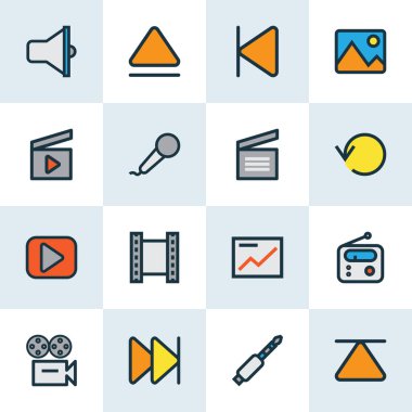 Müzik simgeleri film alkışı, görüntü, tekrarlama ve diğer ileri ögelerle renklendirildi. İzole müzik simgeleri.