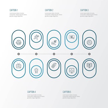 Fiyat etiketi, dünya çapında taşımacılık, alışveriş fuarı ve diğer online alışveriş unsurlarıyla ticaret simgeleri çizimi. İzole edilmiş illüstrasyon ekommerce simgeleri.