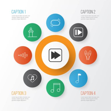 Multimedya simgeleri ileri müzik, sahne, sonraki şarkı ve diğer frekans öğeleriyle ayarlandı. İzole edilmiş illüstrasyon multimedya simgeleri.