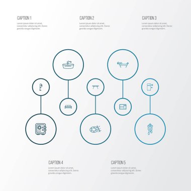 Ev dekorasyonu simgeleri dizisi. Koltuk altlığı, güvenli, renk paleti ve diğer küvet elementleriyle. İzole edilmiş resimli ev dekorasyonu simgeleri.