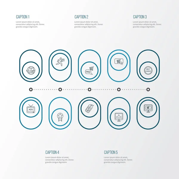 Fiyat etiketi, dünya çapında taşımacılık, alışveriş fuarı ve diğer online alışveriş unsurlarıyla ticaret simgeleri çizimi. İzole edilmiş illüstrasyon ekommerce simgeleri.