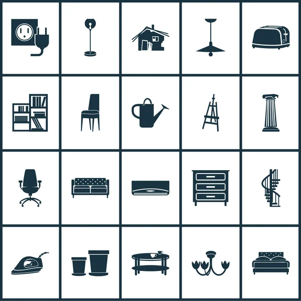 Housing icons set with double bed, ceiling lamp, dresser and other appliance elements. Isolated illustration housing icons.