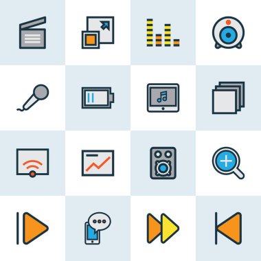 Çokluortam simgeleri web kamerası, yukarı, düşük pil ve diğer mikrofon elementleriyle birlikte ayarlandı. İzole vektör illüstrasyon multimedya simgeleri.