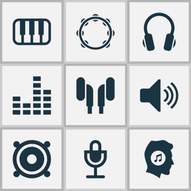 Müzik aşığı, hoparlör, ses ve diğer megafon elementleriyle ses simgeleri ayarlandı. İzole vektör illüstrasyon ses simgeleri.