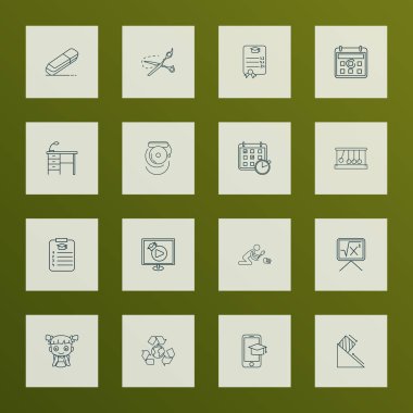 Eğitim simgeleri çizgisi biçimi masa, video dersi, matematik ve diğer sürtünme kuvveti elemanları ile ayarlandı. İzole vektör illüstrasyon eğitim simgeleri.