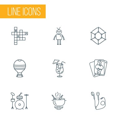 Yaşam tarzı simgeleri kokteyl, bulmaca, robot ve diğer martini elementleriyle birlikte ayarlandı. İzole vektör illüstrasyon yaşam tarzı simgeleri.