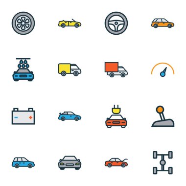 Araba simgeleri, teçhizat, tesla, çapraz hat ve diğer minibüs elementleriyle birlikte ayarlandı. İzole edilmiş resimli araba simgeleri.