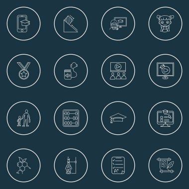 Okul kızı, bilgi, kimya ve diğer test sonuçlarıyla birlikte eğitim simgeleri çizgisi çizimi. İzole edilmiş illüstrasyon eğitim simgeleri.