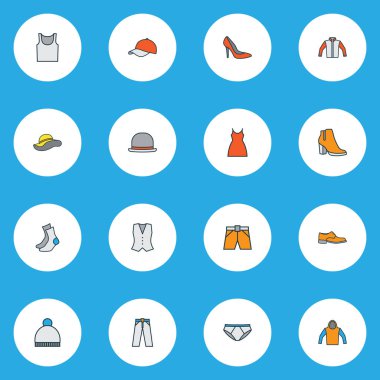 Giysi simgeleri külot, cübbe, kapüşon ve diğer çorap unsurlarıyla renklendirilmiş. İzole edilmiş illüstrasyon elbise simgeleri.