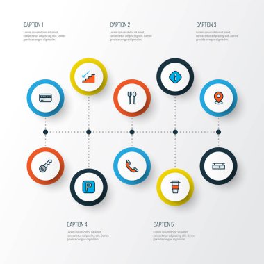 Bilgi simgeleri bilgi, çağrı, restoran ve diğer açılış elemanları ile renklendirilmiş satır. İzole edilmiş illüstrasyon bilgi simgeleri.