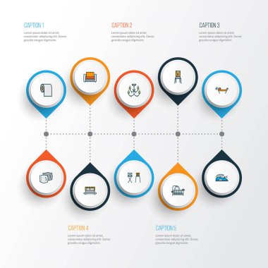 Ev simgeleri demiri, koltuğu, çift kişilik yatağı ve diğer minder elementleriyle renklendirildi. İzole edilmiş illüstrasyon evi simgeleri.