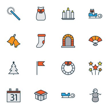 Noel ikonları, vantilatör, mum ve açık kutu petard elementleriyle renklendirildi. İzole edilmiş illüstrasyon Noel simgeleri.