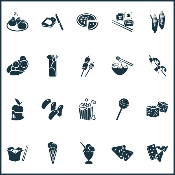 Snacks icons set with falafel, dim sum, caramelized apple and other cinema snack elements. Isolated illustration snacks icons.